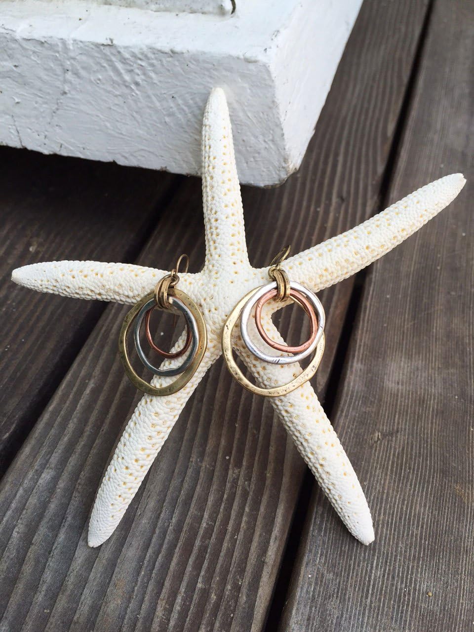 HANDMADE SUNRISE EARRINGS - OF EARTH AND OCEAN, Burnished Circles, Copper, Brass and Silverplated by Of Earth and Ocean